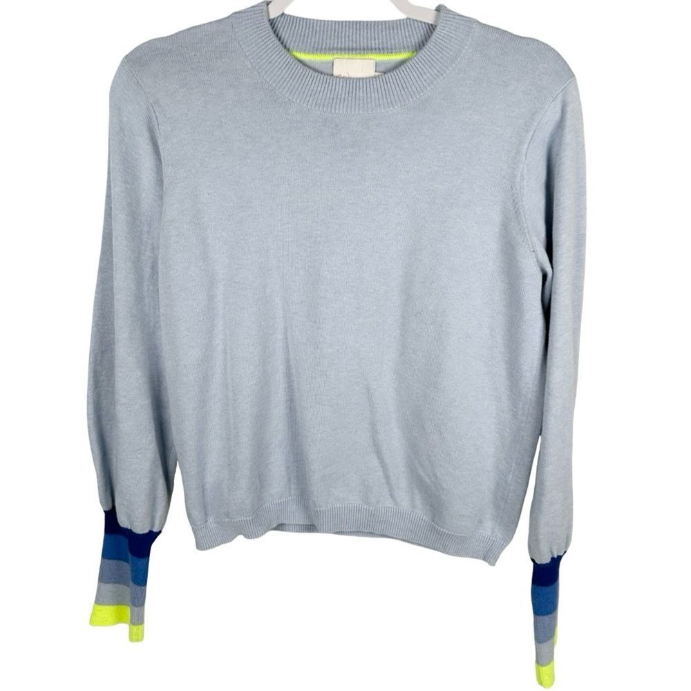 Whisper by Brodie Blue Cotton Silk Colorblock Cuff Crewneck Sweater Size Medium
